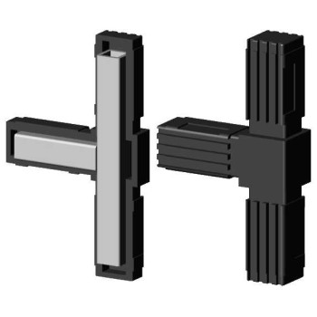 T-stuk (2 assen, 3 ingangen) – voor profiel 20x20x1,5 mm met metalen kern - zwart (Klemp)