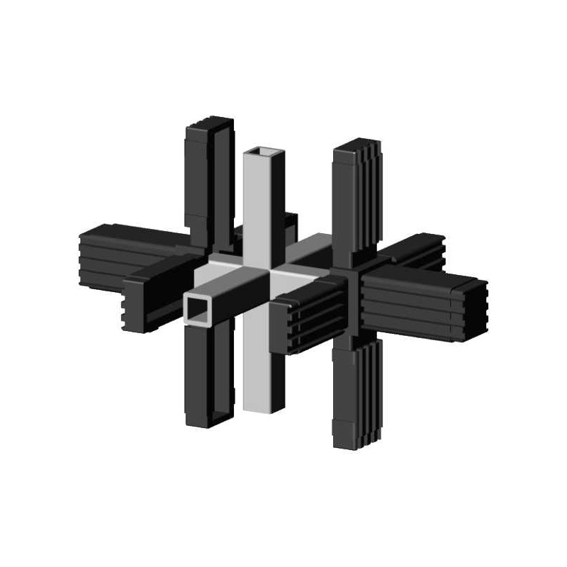 Kruiskoppeling (3 assen, 6 ingangen) – voor profiel 20x20x1,5 mm met metalen kern - zwart (Klemp) - Kunststof verbindingsstukken voor vierkante profielen Kruiskoppeling (3 assen, 6 ingangen) – voor profiel 20x20x1,5 mm met metalen kern - zwart (Klemp) - Kunststof verbindingsstukken voor vierkante profielen