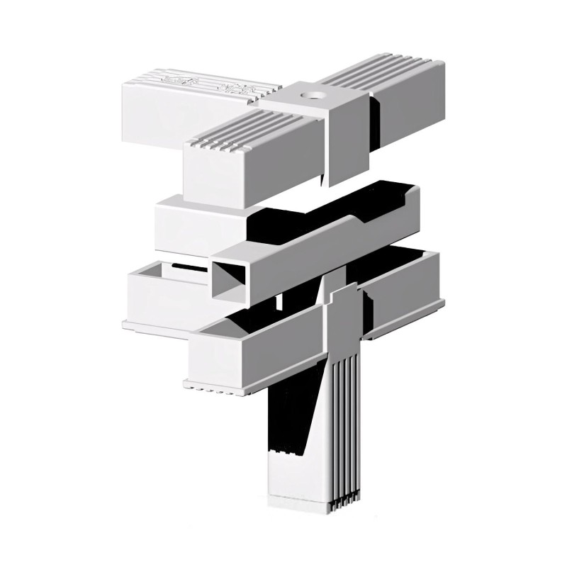Eckwinkel (3 Achsen, 4 Öffnungen) – für Rohr 25x25x1,5 mm - grau (Klemp) - Kunststoffverbinder für Quadratprofile Profile