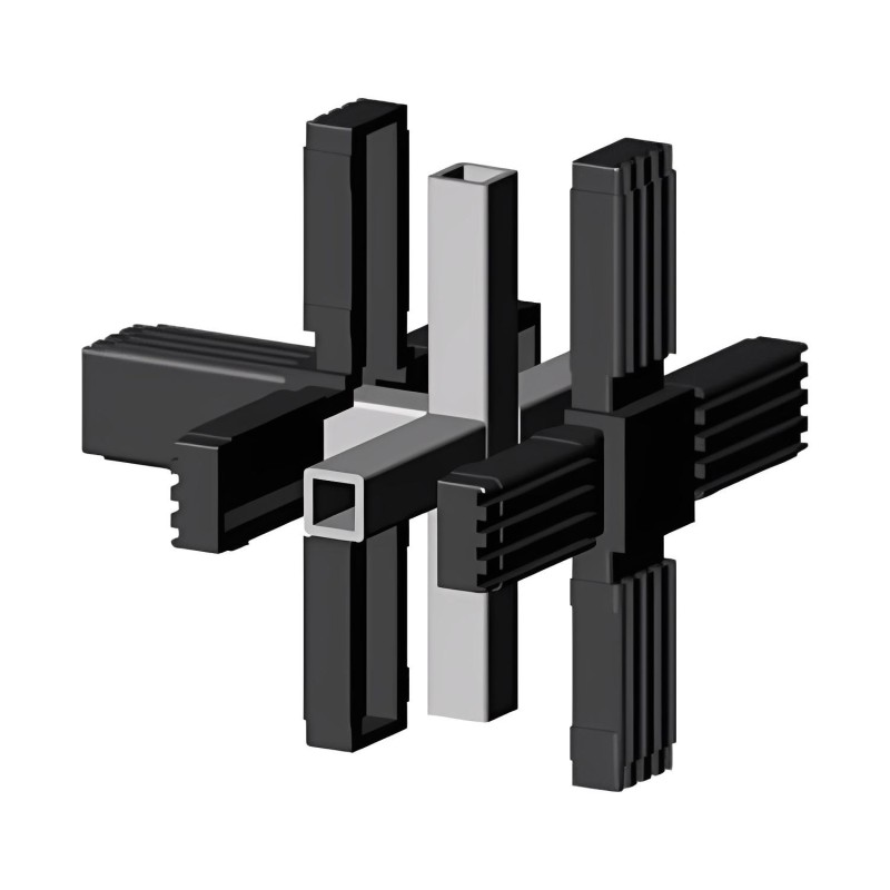 Cross Connector (3 axes, 5 slots) – for tube 25x25x2 mm - black (Klemp) - Plastic connectors for square profiles Cross Connector (3 axes, 5 slots) – for tube 25x25x2 mm - black (Klemp) - Plastic connectors for square profiles