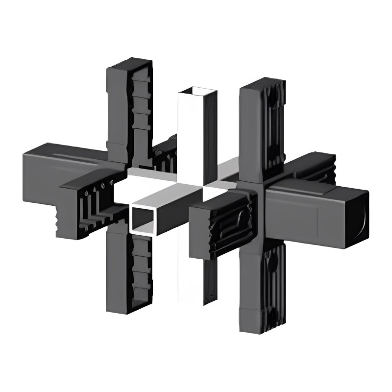 Connecteur croisé (3 axes, 6 emplacements) – pour tube 25x25x1,5 mm - noir (Klemp) - Connecteurs en plastique pour profils carrés