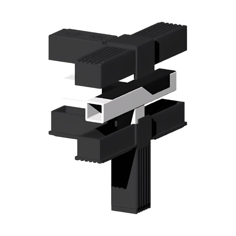 Corner Elbow (3 axes, 4 slots) – for tube 25x25x1,5 mm - black (Klemp) - Plastic connectors for square profiles