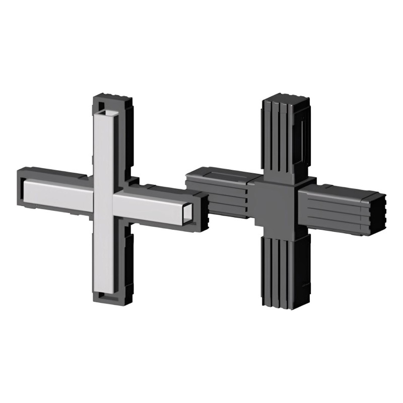 Cross Connector (2 axes, 4 slots) – for tube 25x25x1,5 mm - black (Klemp) - Plastic connectors for square profiles
